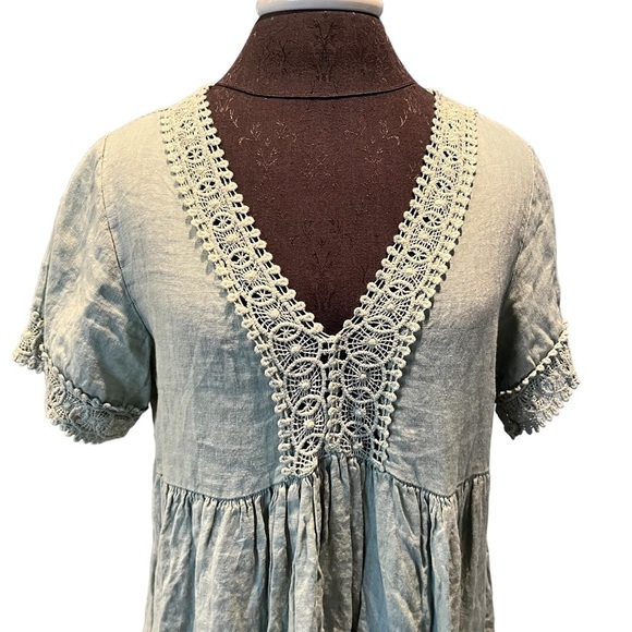 NWT Elena Baldi Sage Linen and Lace Tiered V Neck Babydoll Dress Small New - Picture 3 of 9